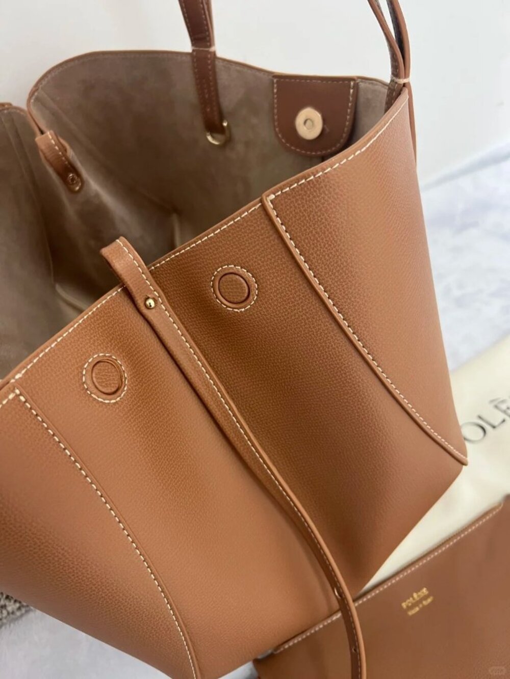 Polène Paris Cyme Mini Tan Textured Leather Tote Bag - Picture 9 of 10